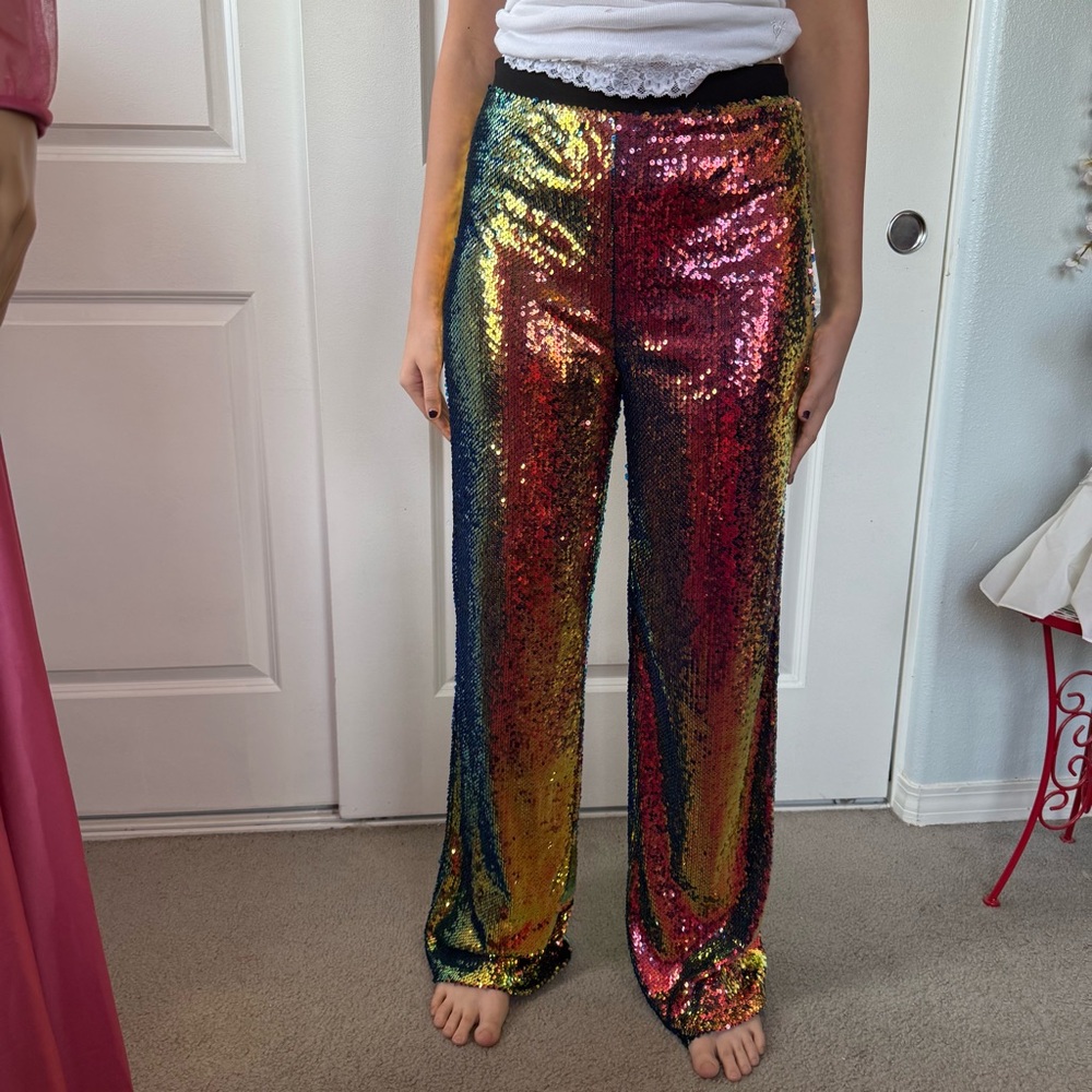 REHAB iridescent multicolor sequin long high waist wide leg pants L unisex